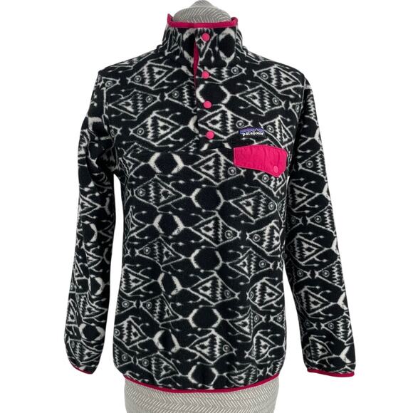 Patagonia Big Fish Ikat Print Synchilla Fleece Pullover Black White Hot Pink S - Picture 1 of 8